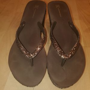 INC Brown Wedge w/ Bronze Glitter Sandals Size 9